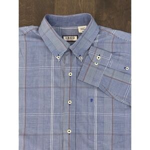 Izod Blue Glen Plaid Button Down Shirt Men's Size M Long Sleeve Collard‎ Logo
